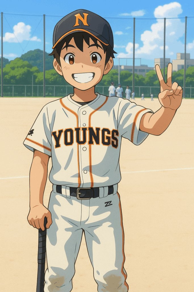 長男のユニフォーム姿の写真をアニメ化した画像